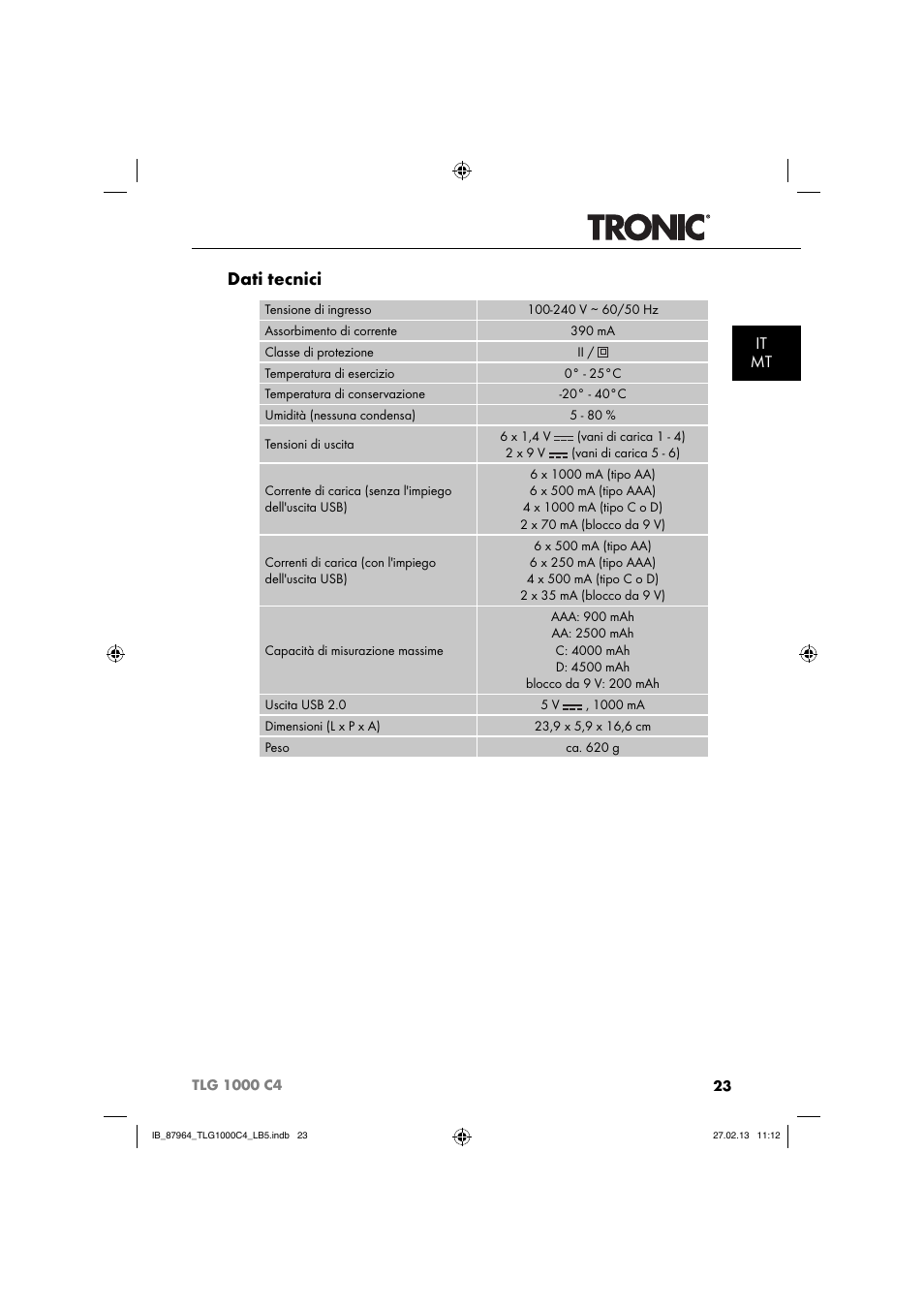 Dati tecnici, It mt | Tronic TLG 1000 C4 User Manual | Page 26 / 52