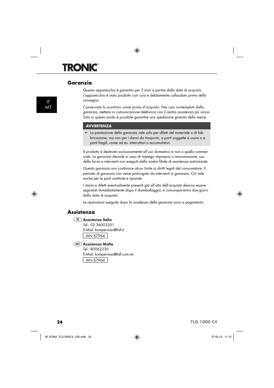 Garanzia, Assistenza, It mt | Tronic TLG 1000 C4 User Manual | Page 27 / 52