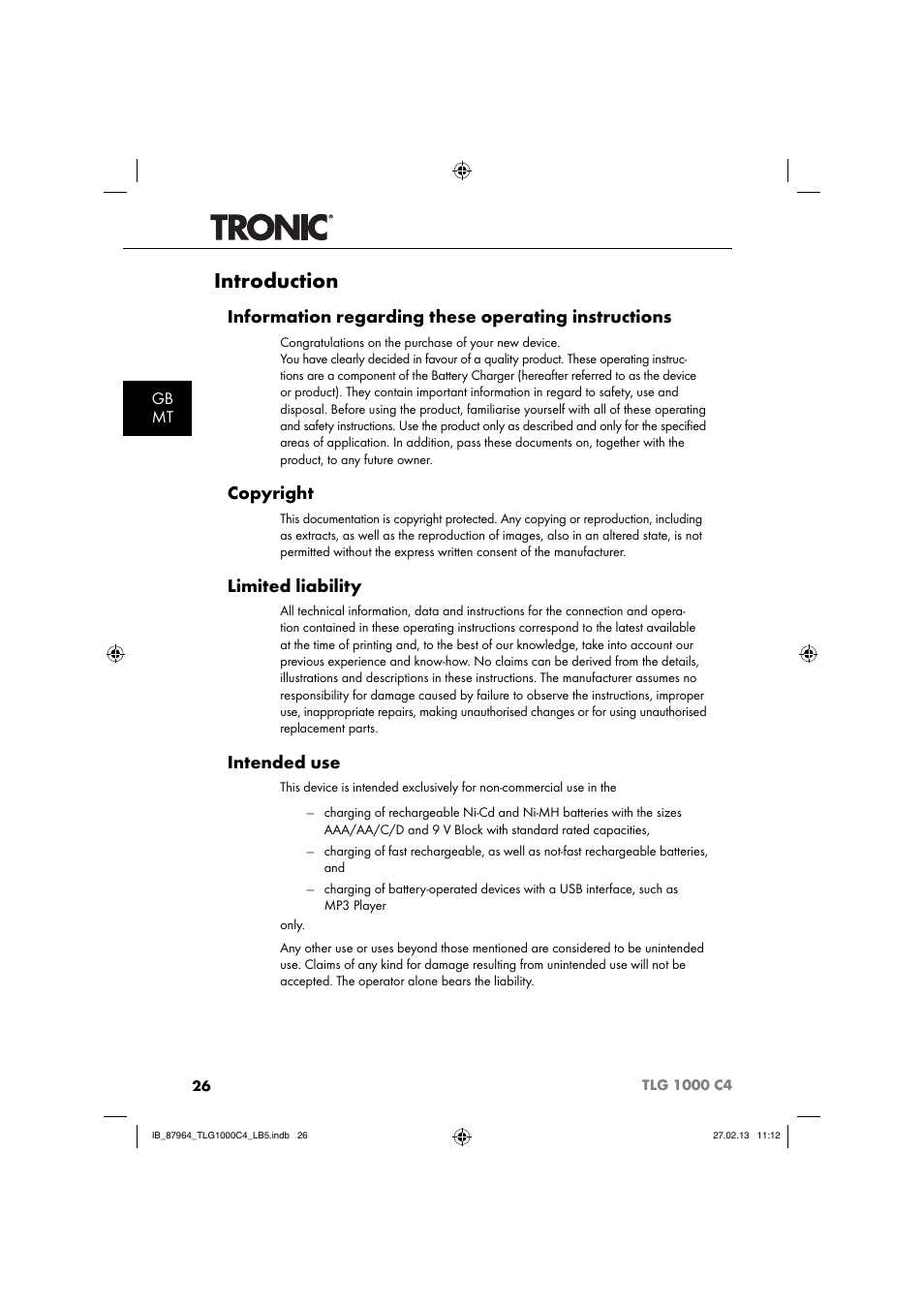 Introduction, Information regarding these operating instructions, Copyright | Limited liability, Intended use, Gb mt | Tronic TLG 1000 C4 User Manual | Page 29 / 52