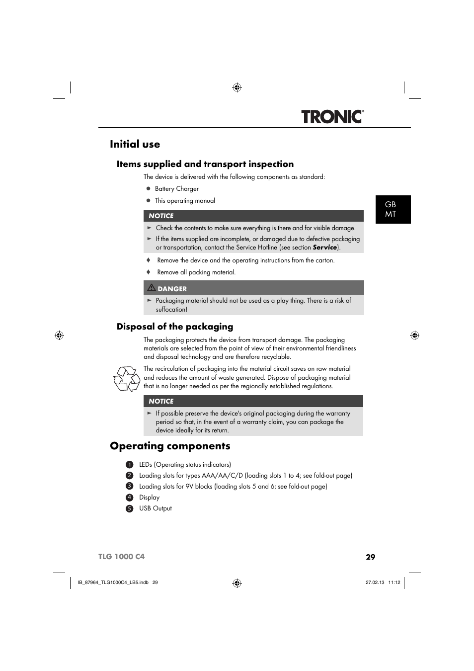 Initial use, Operating components, Items supplied and transport inspection | Disposal of the packaging, Gb mt | Tronic TLG 1000 C4 User Manual | Page 32 / 52