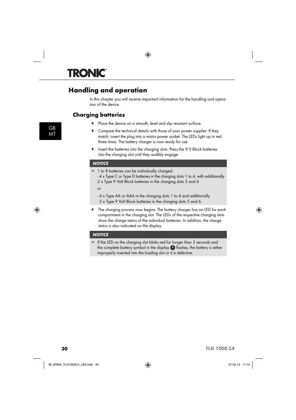 Handling and operation, Charging batteries, Gb mt | Tronic TLG 1000 C4 User Manual | Page 33 / 52