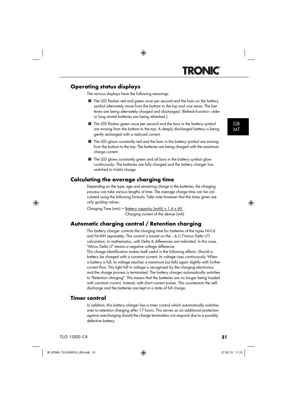 Operating status displays, Calculating the average charging time, Automatic charging control / retention charging | Timer control, Gb mt | Tronic TLG 1000 C4 User Manual | Page 34 / 52