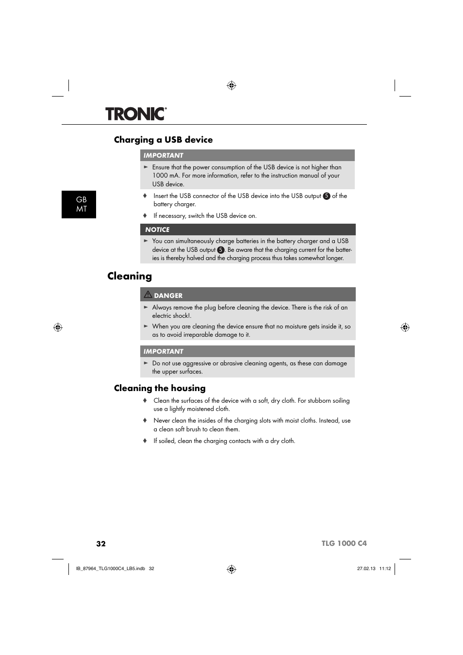 Cleaning, Charging a usb device, Cleaning the housing | Gb mt | Tronic TLG 1000 C4 User Manual | Page 35 / 52