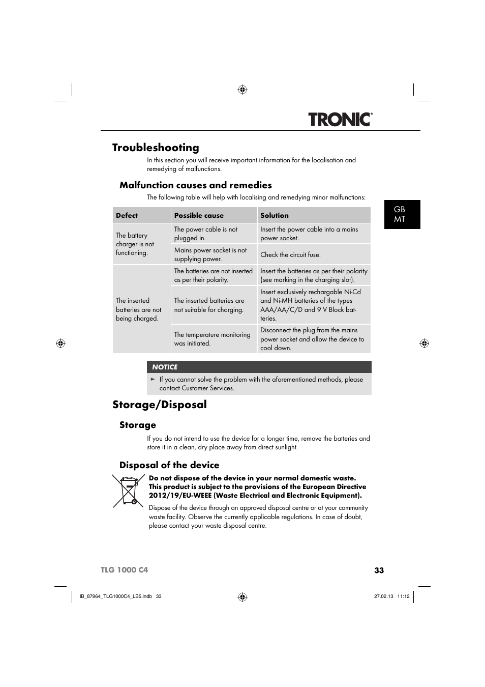 Troubleshooting, Storage/disposal, Malfunction causes and remedies | Storage, Disposal of the device, Gb mt | Tronic TLG 1000 C4 User Manual | Page 36 / 52