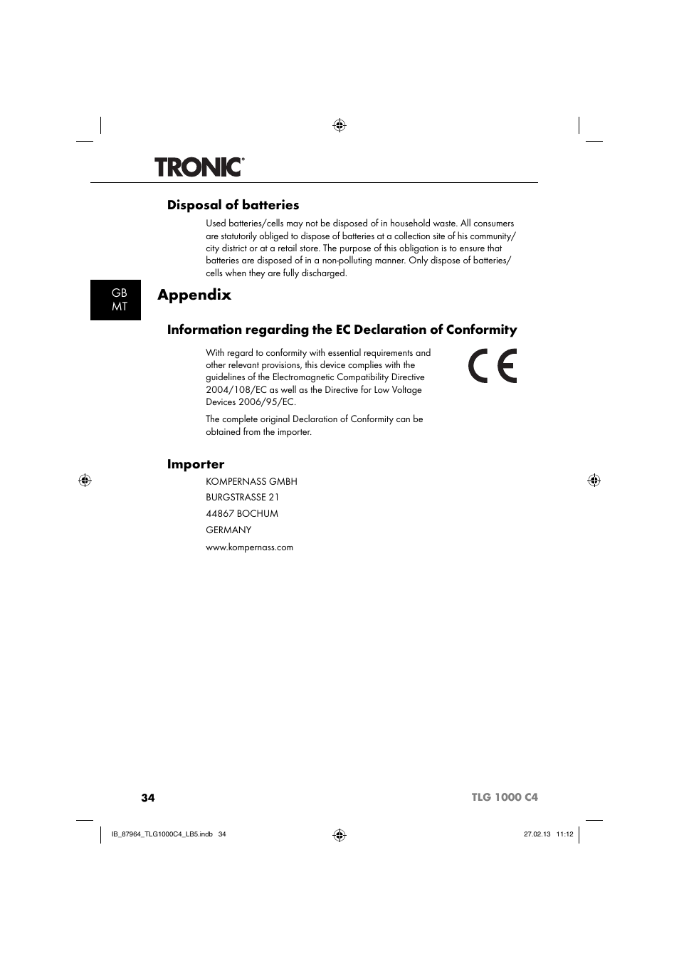 Appendix, Disposal of batteries, Importer | Gb mt | Tronic TLG 1000 C4 User Manual | Page 37 / 52