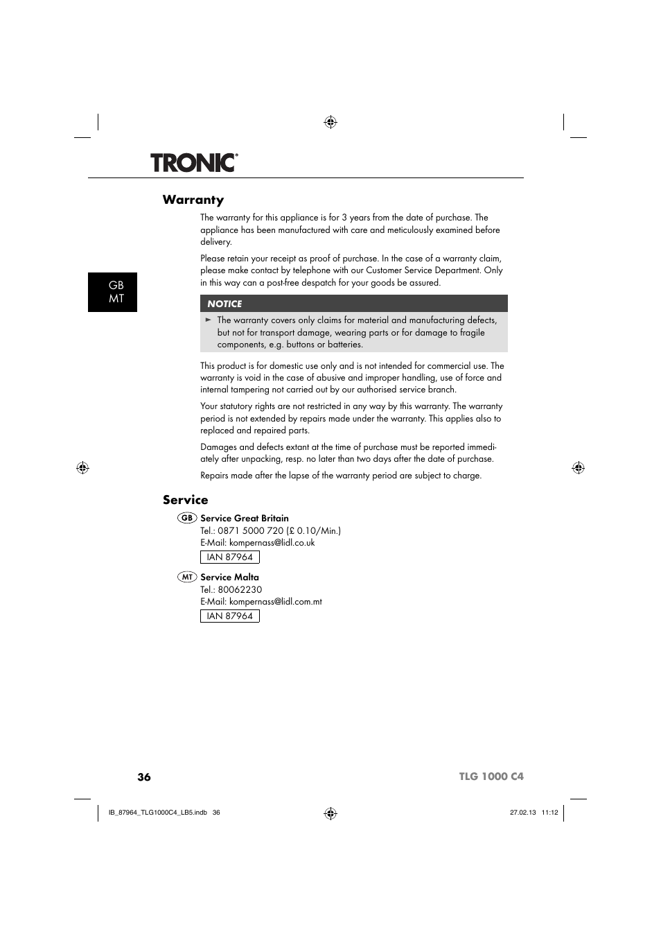 Warranty, Service, Gb mt | Tronic TLG 1000 C4 User Manual | Page 39 / 52