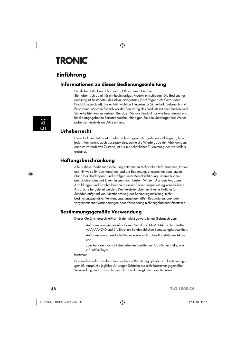 Einführung, Informationen zu dieser bedienungsanleitung, Urheberrecht | Haftungsbeschränkung, Bestimmungsgemäße verwendung, De at ch | Tronic TLG 1000 C4 User Manual | Page 41 / 52