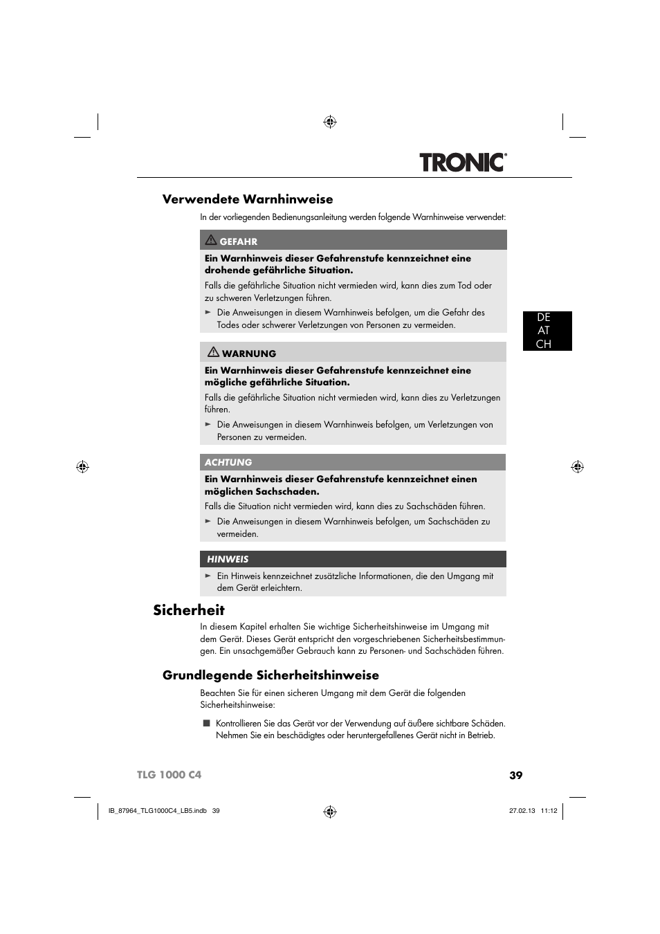 Sicherheit, Verwendete warnhinweise, Grundlegende sicherheitshinweise | De at ch | Tronic TLG 1000 C4 User Manual | Page 42 / 52