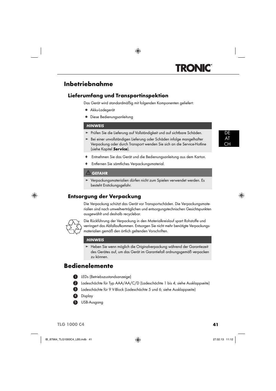 Inbetriebnahme, Bedienelemente, Lieferumfang und transportinspektion | Entsorgung der verpackung, De at ch | Tronic TLG 1000 C4 User Manual | Page 44 / 52