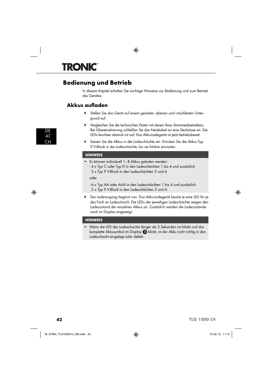 Bedienung und betrieb, Akkus auﬂ aden, De at ch | Tronic TLG 1000 C4 User Manual | Page 45 / 52