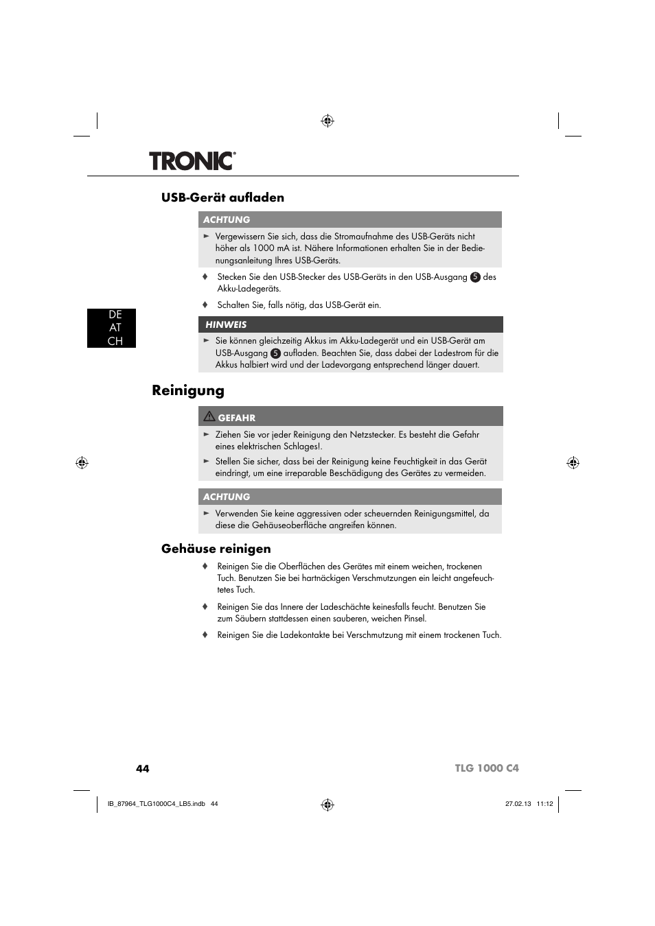 Reinigung, Usb-gerät auﬂ aden, Gehäuse reinigen | De at ch | Tronic TLG 1000 C4 User Manual | Page 47 / 52