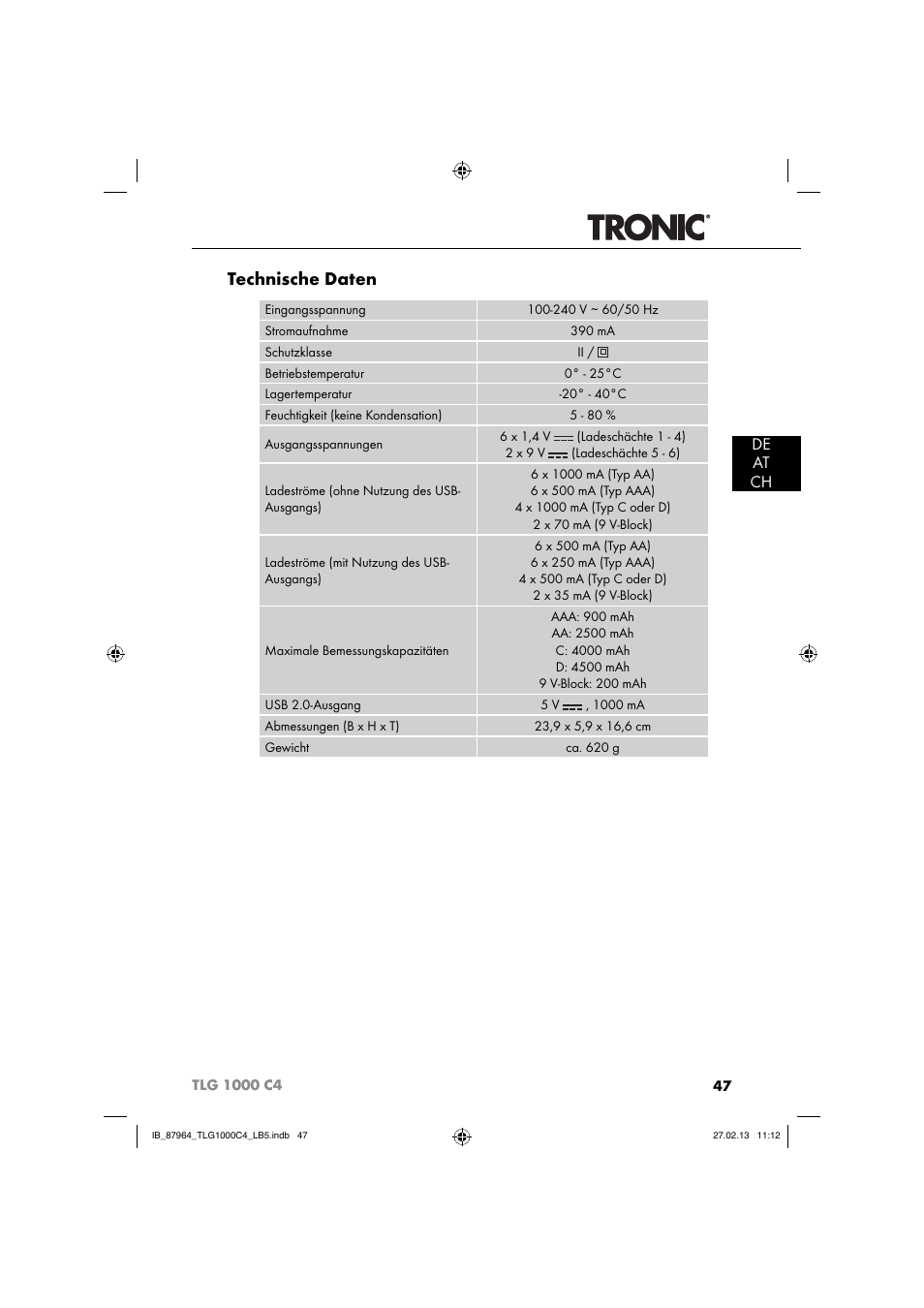 Technische daten, De at ch | Tronic TLG 1000 C4 User Manual | Page 50 / 52