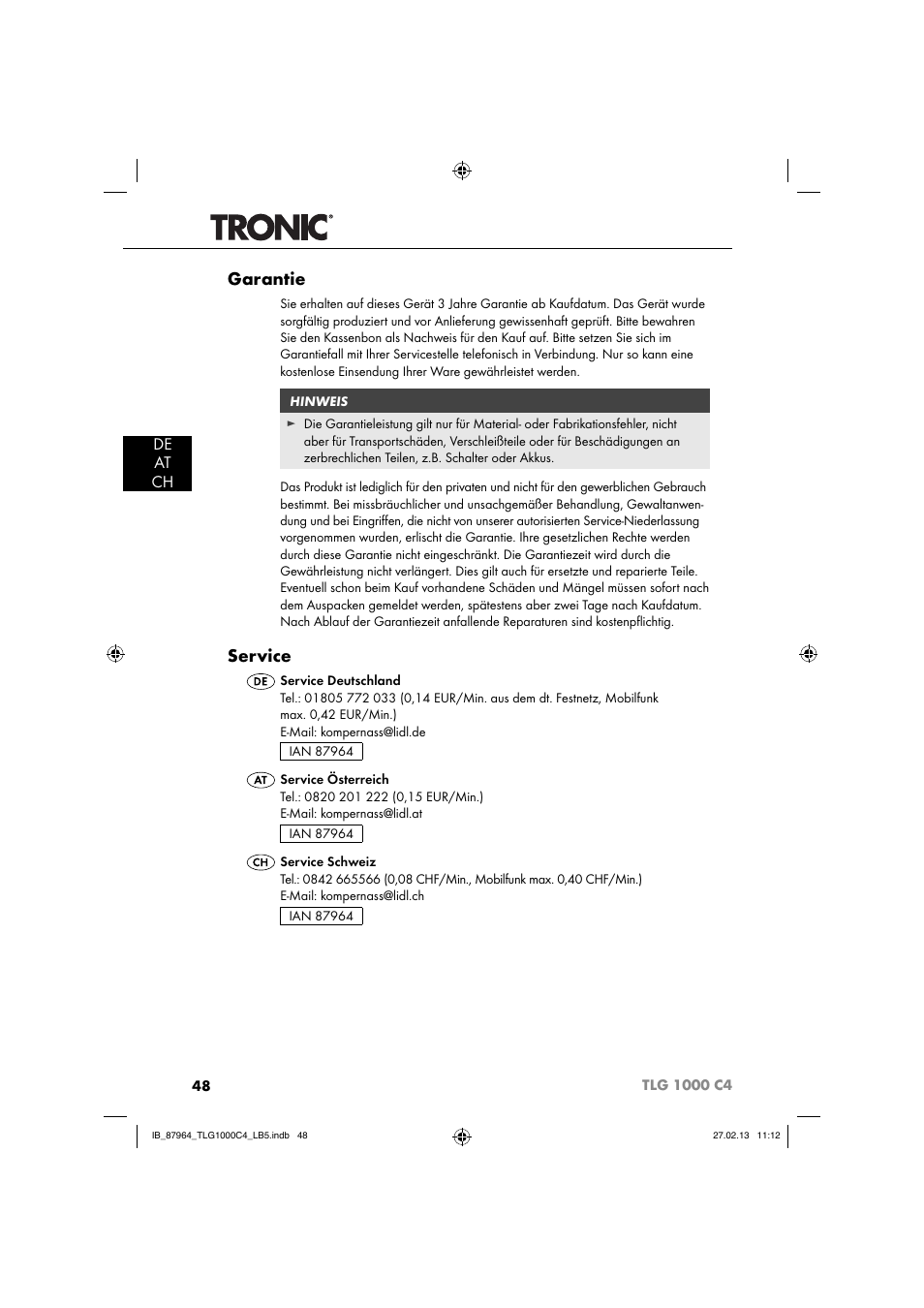 Garantie, Service, De at ch | Tronic TLG 1000 C4 User Manual | Page 51 / 52