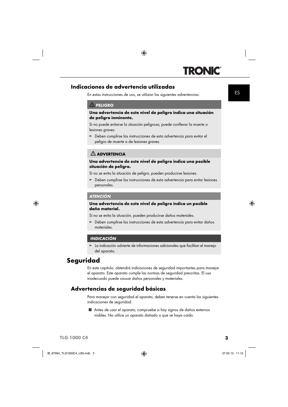 Seguridad, Indicaciones de advertencia utilizadas, Advertencias de seguridad básicas | Tronic TLG 1000 C4 User Manual | Page 6 / 52