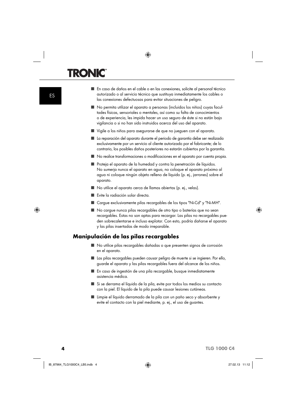 Manipulación de las pilas recargables | Tronic TLG 1000 C4 User Manual | Page 7 / 52