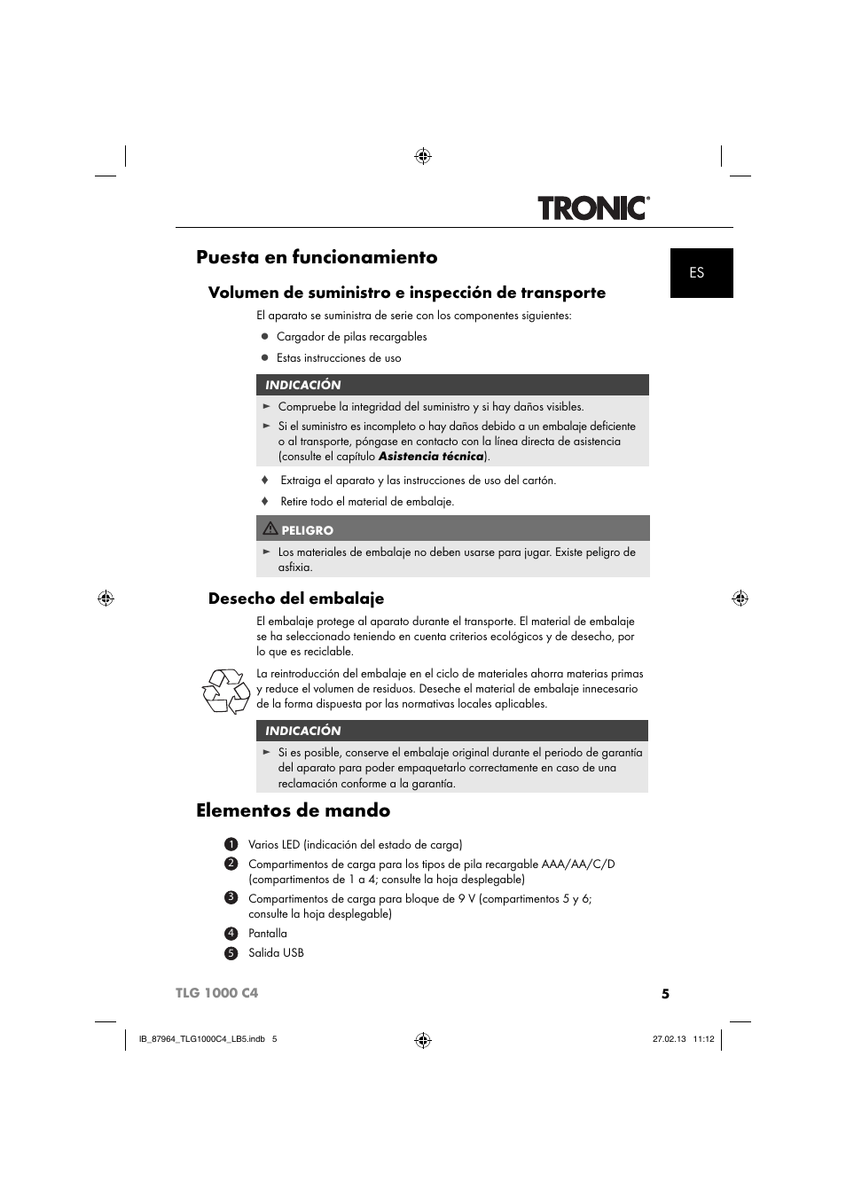 Puesta en funcionamiento, Elementos de mando, Volumen de suministro e inspección de transporte | Desecho del embalaje | Tronic TLG 1000 C4 User Manual | Page 8 / 52