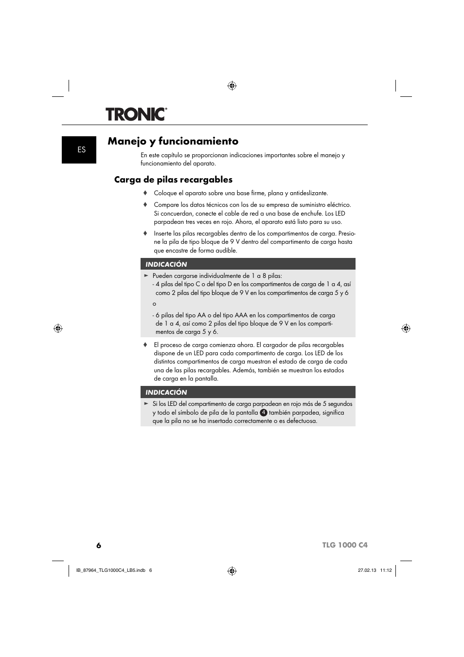 Manejo y funcionamiento, Carga de pilas recargables | Tronic TLG 1000 C4 User Manual | Page 9 / 52