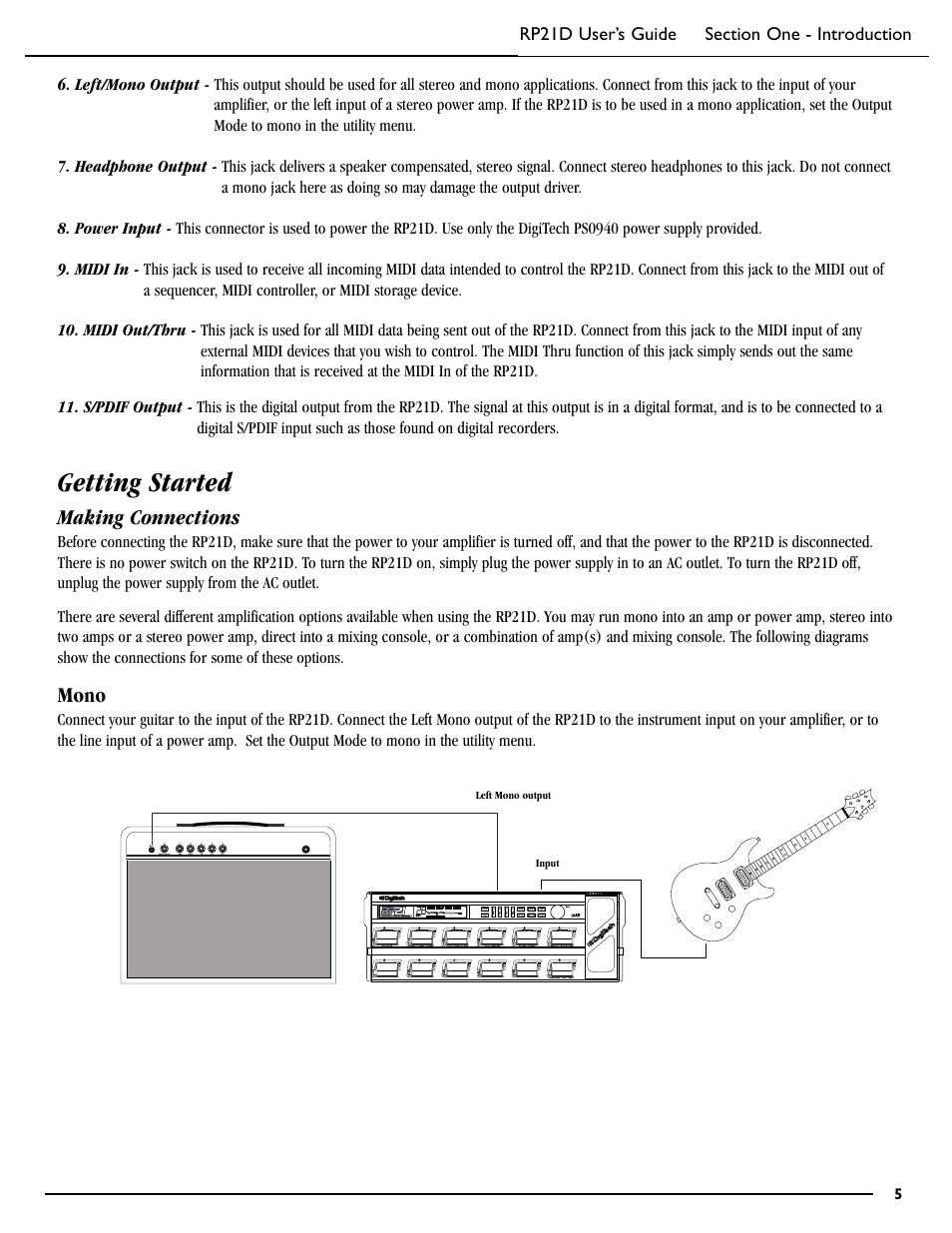 Getting started, Making connections, Mono | DigiTech RP21D User Manual | Page 10 / 69