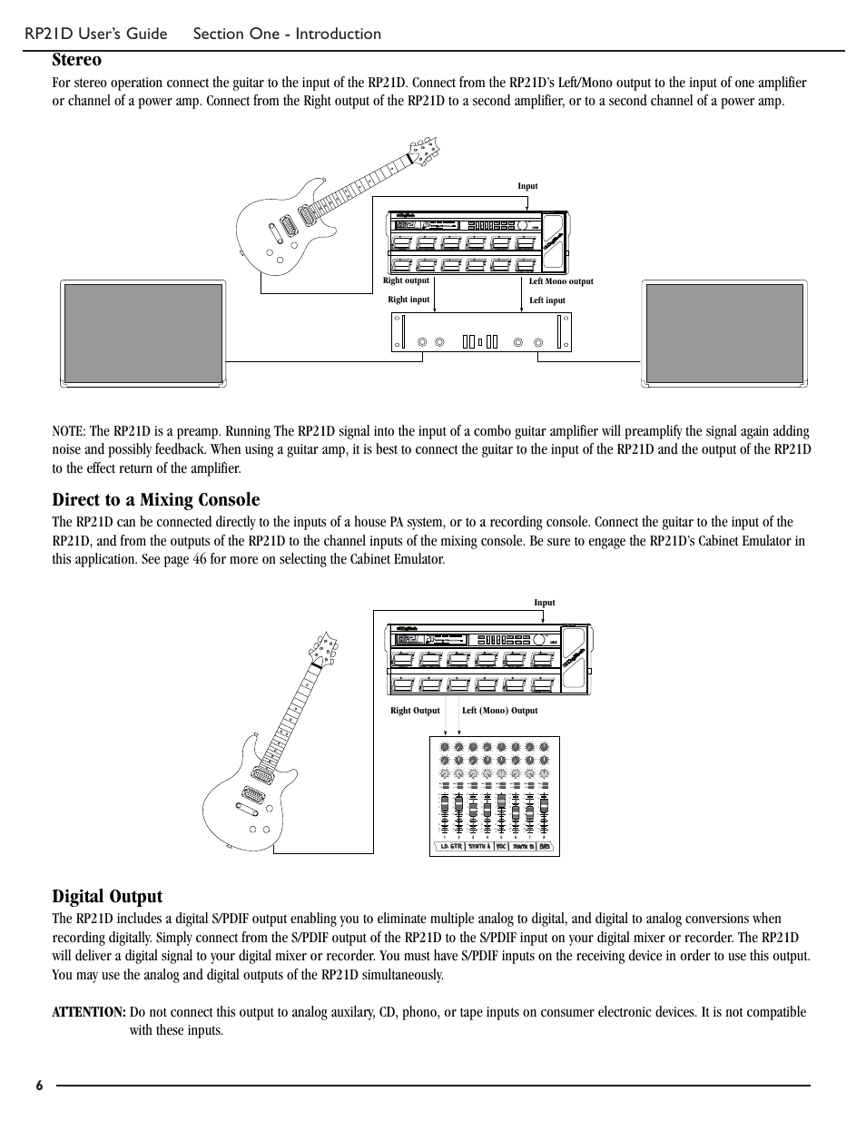 Stereo, Direct to a mixing console, Digital output | DigiTech RP21D User Manual | Page 11 / 69
