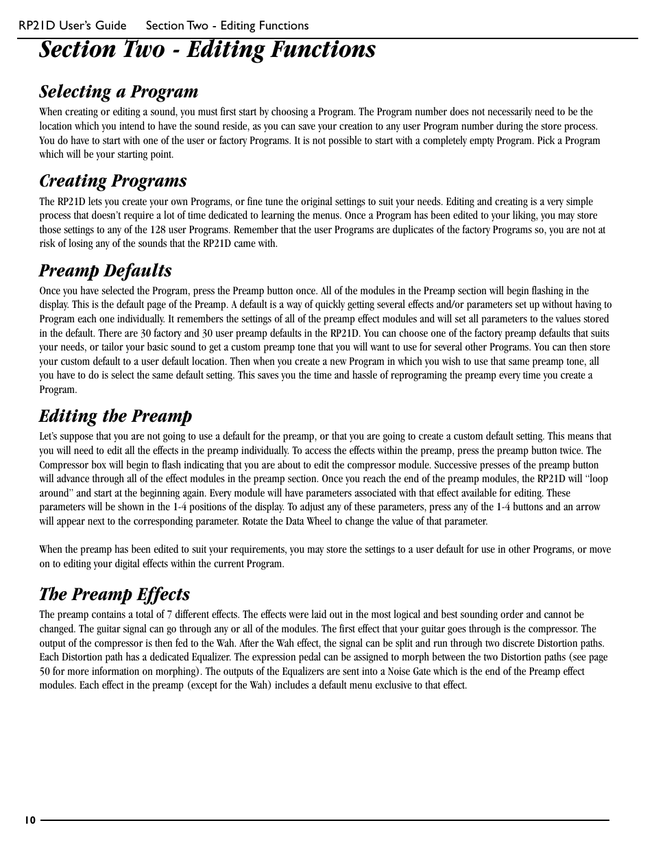 Selecting a program, Creating programs, Preamp defaults | Editing the preamp, The preamp effects | DigiTech RP21D User Manual | Page 15 / 69