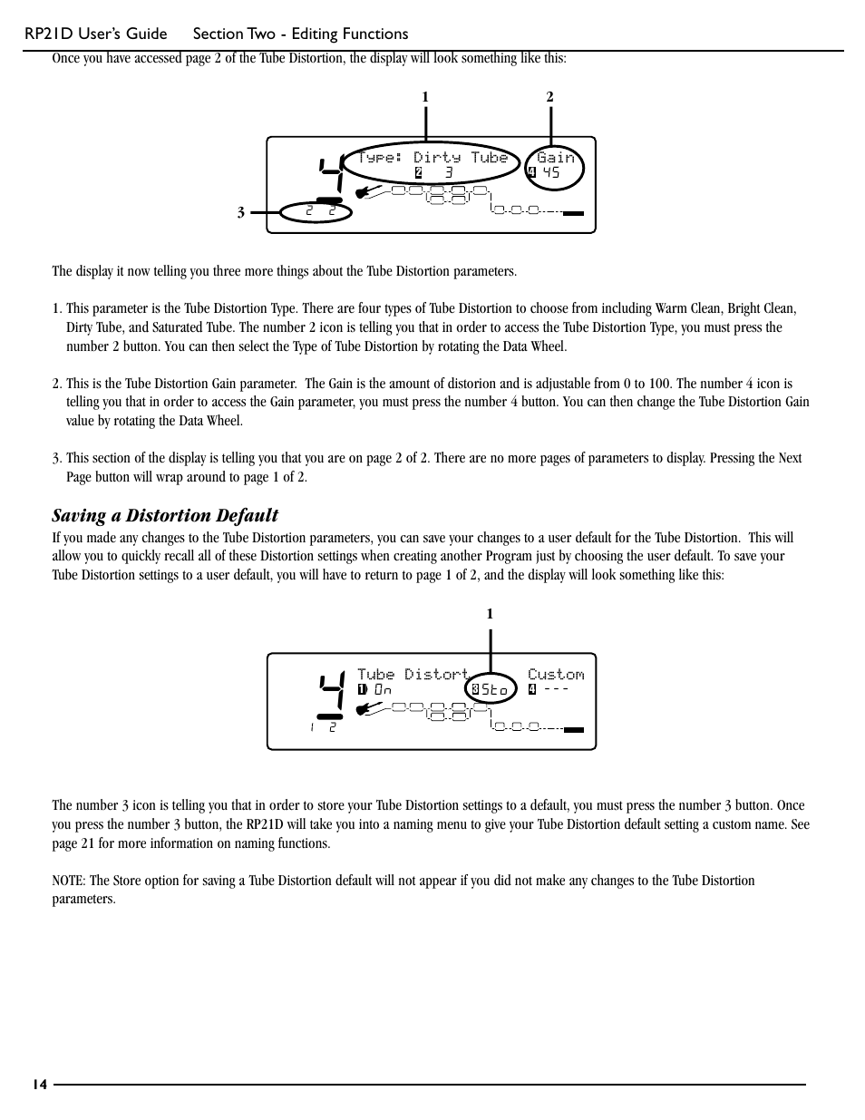 Saving a distortion default, 1type: dirty tube gain | DigiTech RP21D User Manual | Page 19 / 69