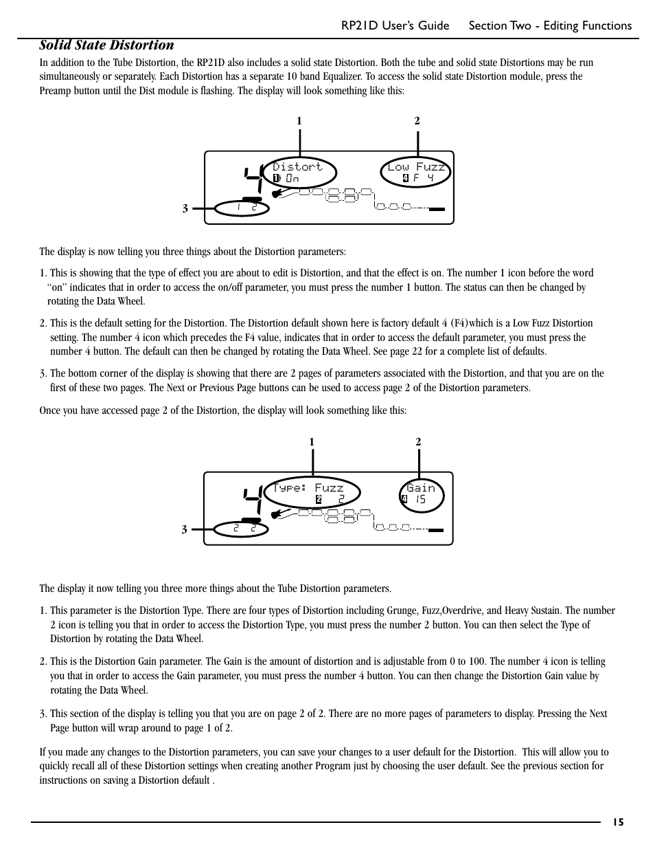 Solid state distortion, Distort low fuzz | DigiTech RP21D User Manual | Page 20 / 69