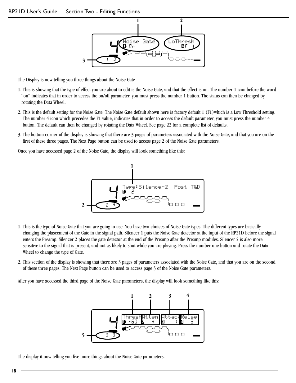 12 5 threshatten attackrelse, 12 type:silencer2 post t&d, 12 3 noise gate lothresh | S 1to, F 1 18 | DigiTech RP21D User Manual | Page 23 / 69