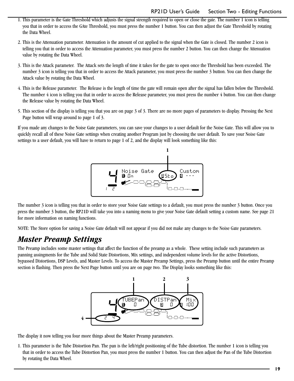 Master preamp settings, Noise gate custom | DigiTech RP21D User Manual | Page 24 / 69