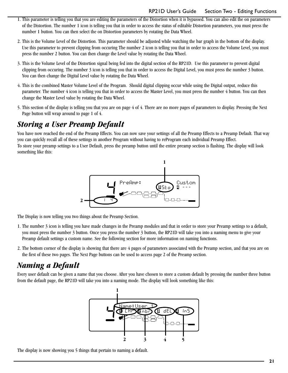 Storing a user preamp default, Naming a default, Preamp: custom | DigiTech RP21D User Manual | Page 26 / 69