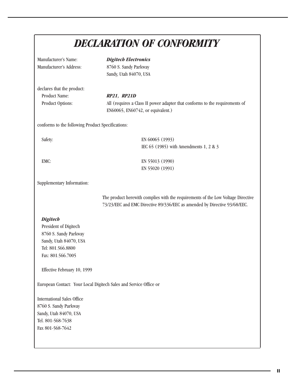 Declaration of conformity | DigiTech RP21D User Manual | Page 3 / 69