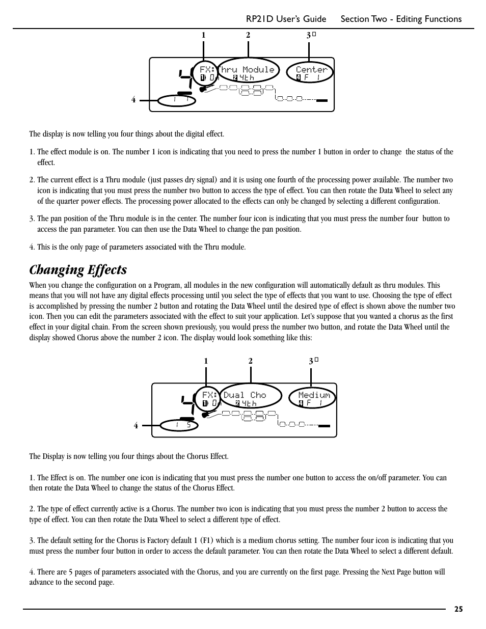 Changing effects, 34 fx:thru module center | DigiTech RP21D User Manual | Page 30 / 69