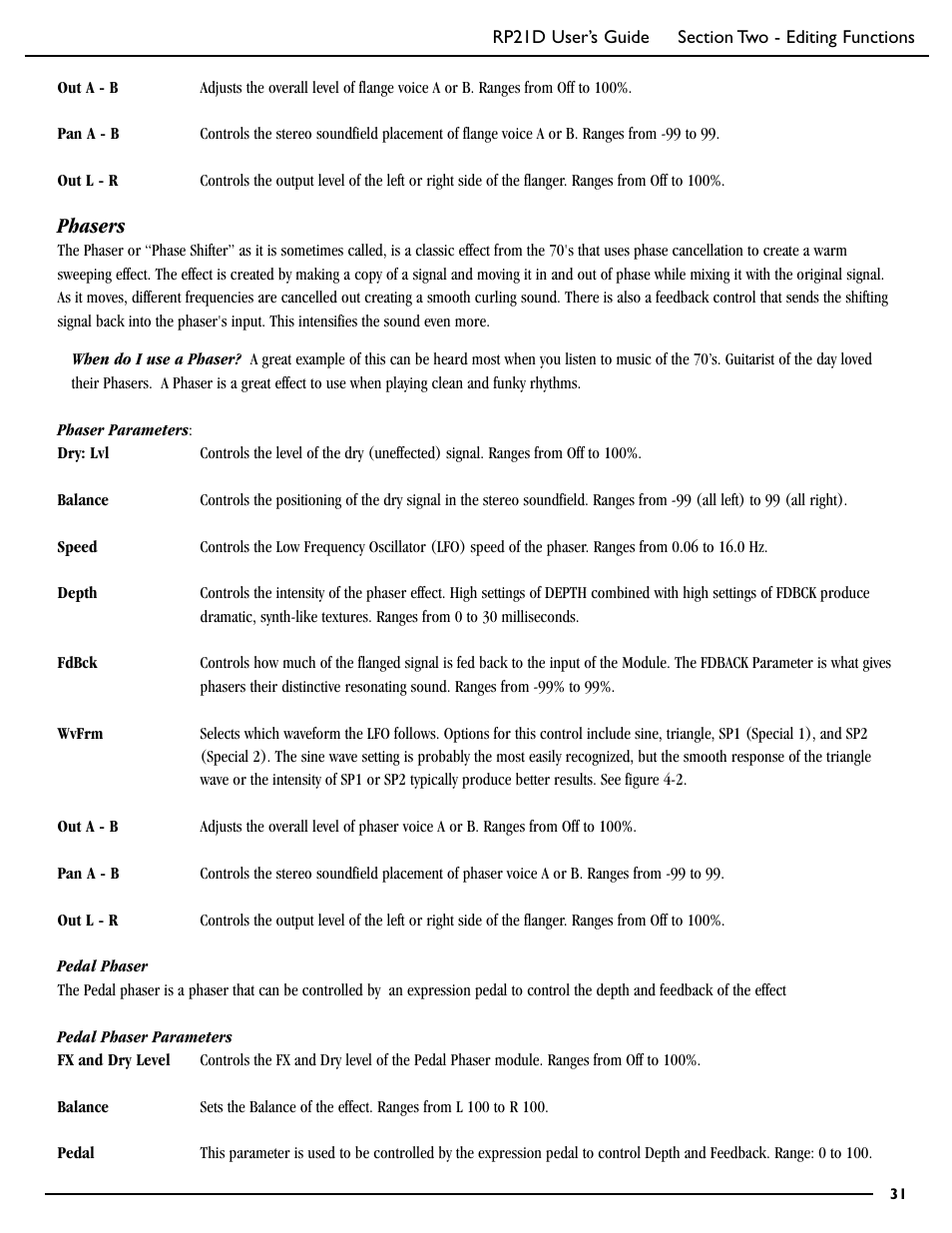 Phasers | DigiTech RP21D User Manual | Page 36 / 69