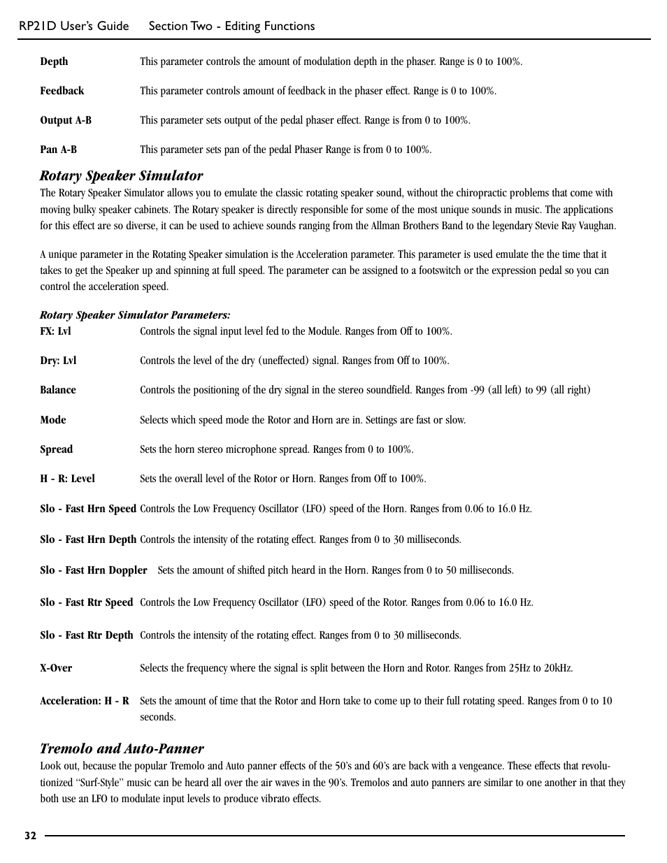 Rotary speaker simulator, Tremolo and auto-panner | DigiTech RP21D User Manual | Page 37 / 69