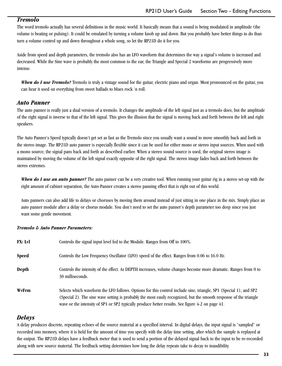 Tremolo, Auto panner, Delays | DigiTech RP21D User Manual | Page 38 / 69