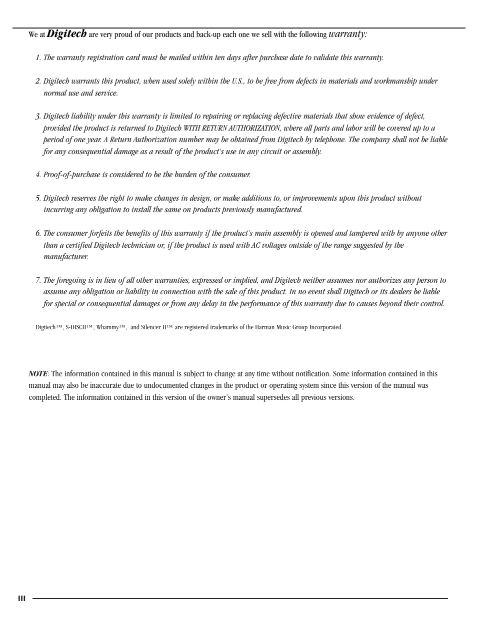 Digitech, Warranty | DigiTech RP21D User Manual | Page 4 / 69
