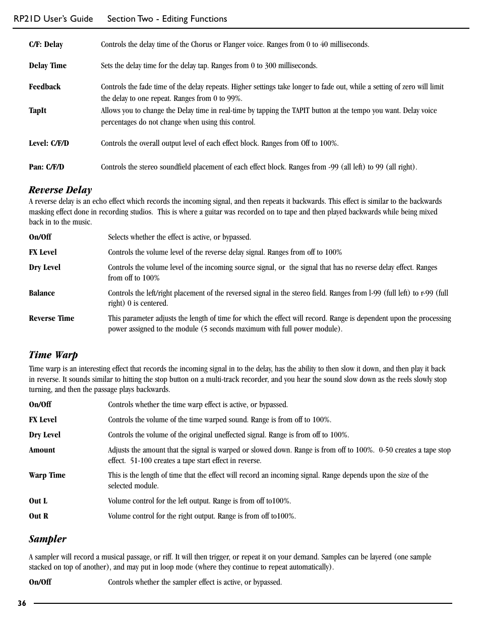 Reverse delay, Time warp, Sampler | DigiTech RP21D User Manual | Page 41 / 69
