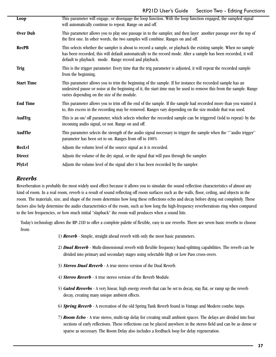 Reverbs | DigiTech RP21D User Manual | Page 42 / 69