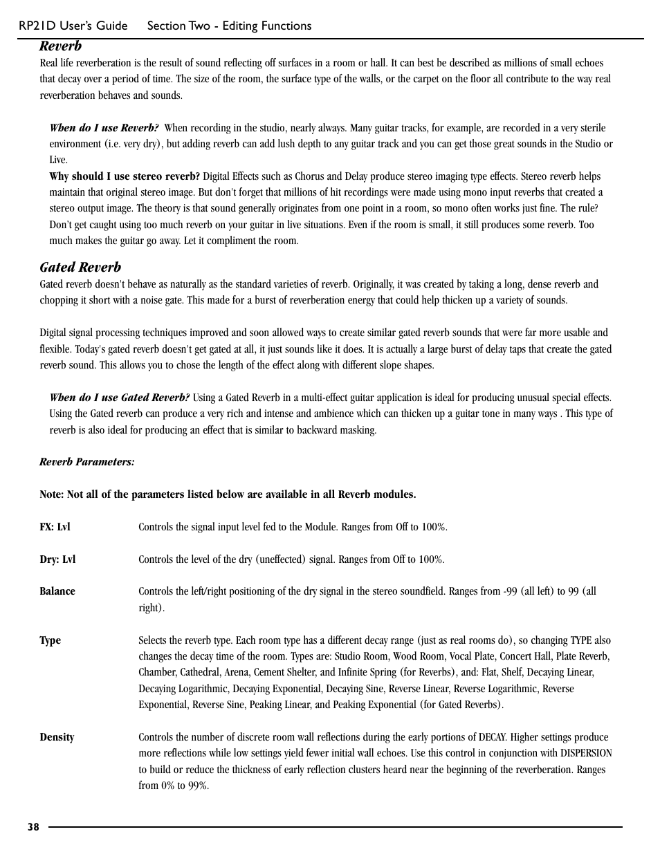 Reverb, Gated reverb | DigiTech RP21D User Manual | Page 43 / 69