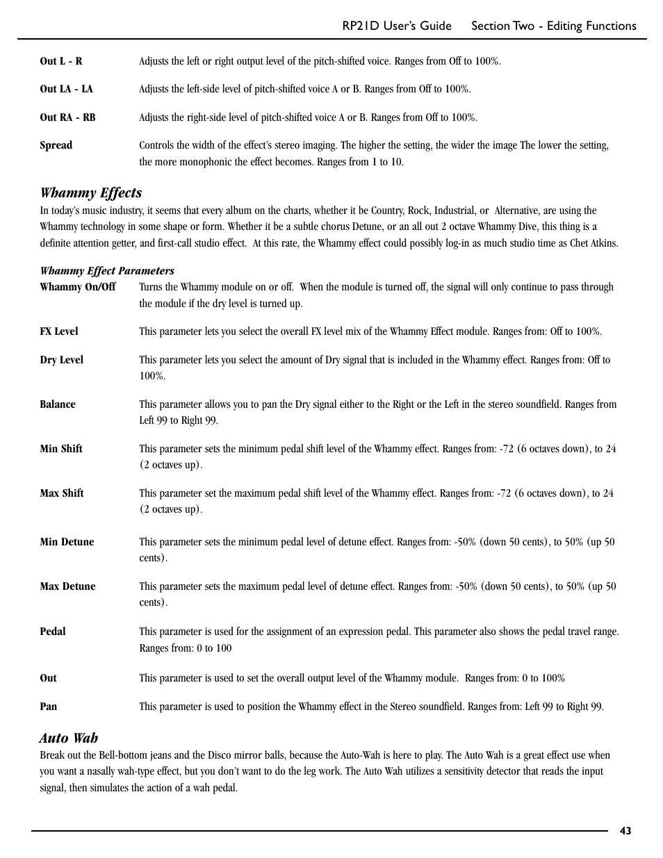 Whammy effects, Auto wah | DigiTech RP21D User Manual | Page 48 / 69