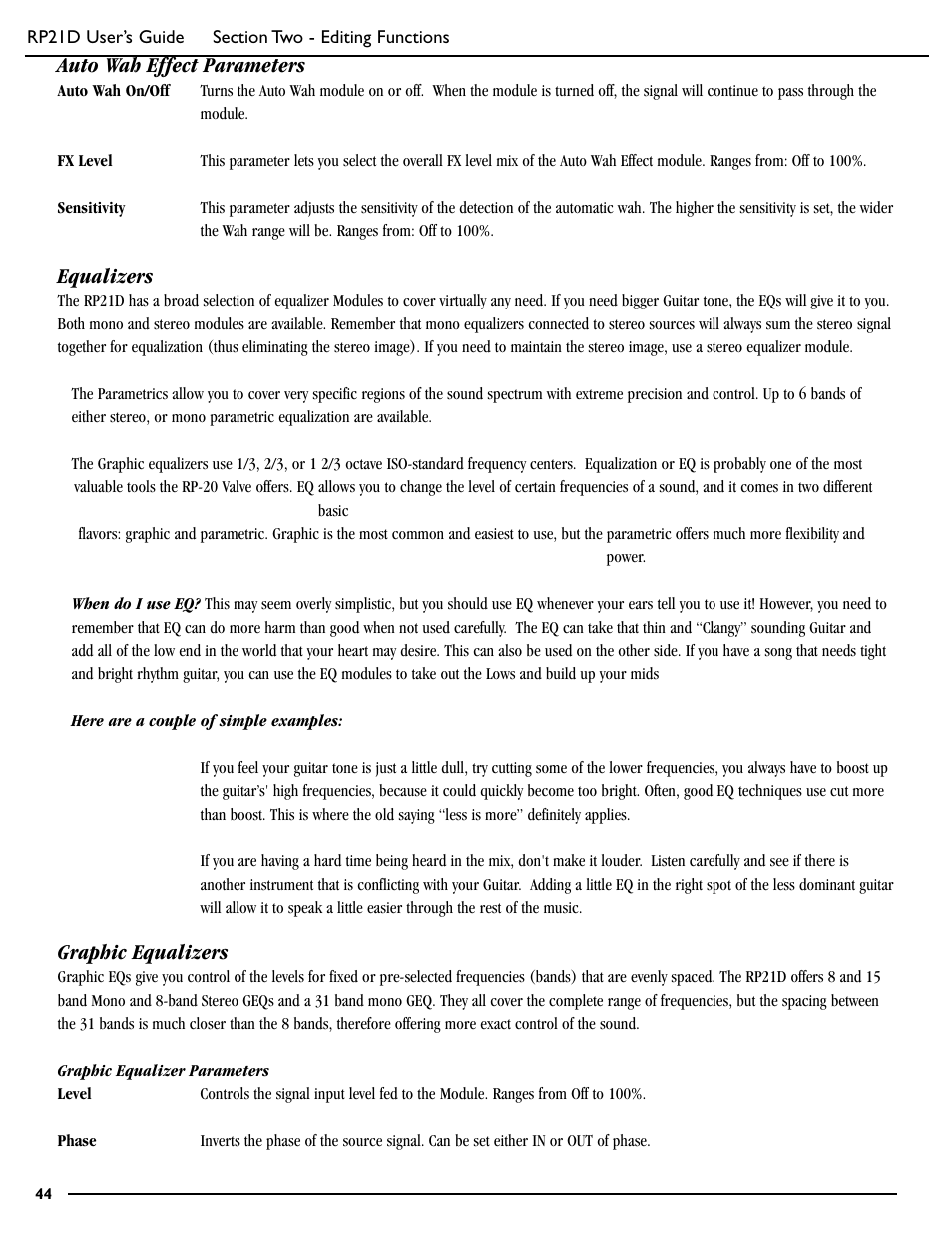 Auto wah effect parameters, Equalizers, Graphic equalizers | DigiTech RP21D User Manual | Page 49 / 69