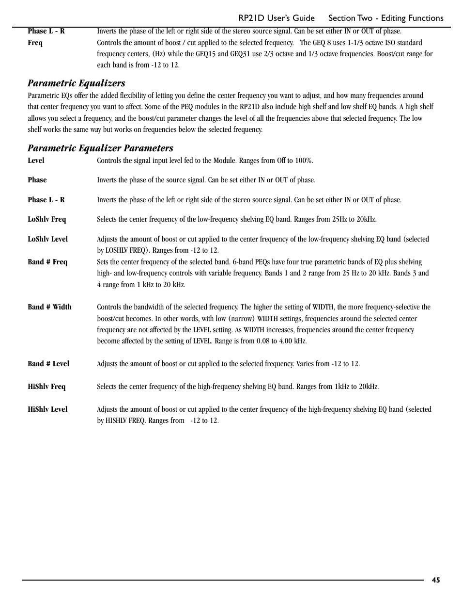 Parametric equalizers, Parametric equalizer parameters | DigiTech RP21D User Manual | Page 50 / 69