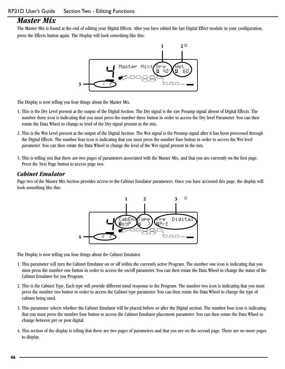 Master mix, Cabinet emulator, 24 3 master mix: dry wet | DigiTech RP21D User Manual | Page 51 / 69