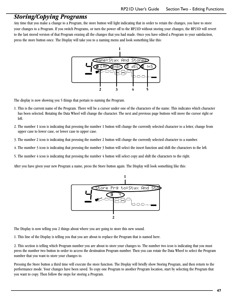 Storing/copying programs, 1name:styx and stones | DigiTech RP21D User Manual | Page 52 / 69