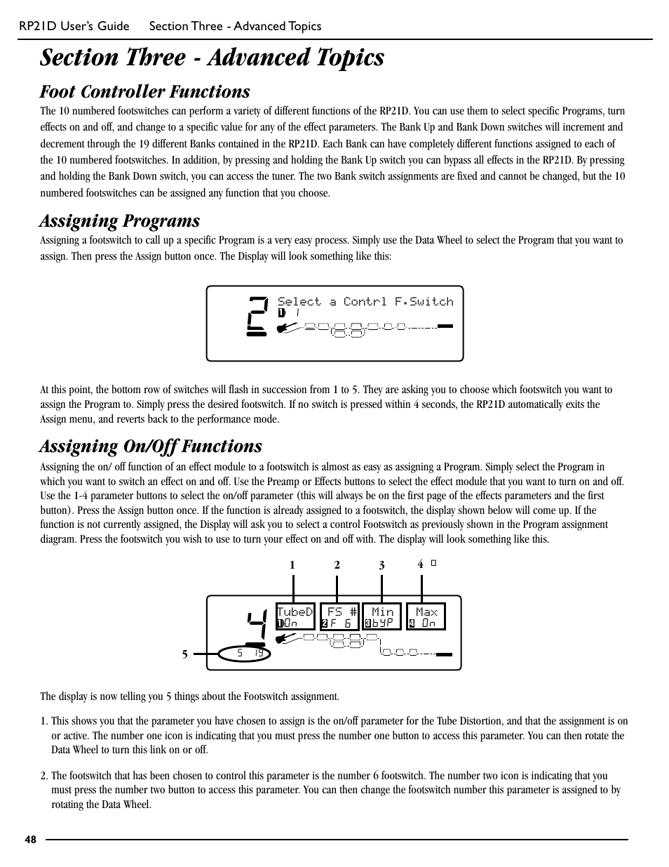 Foot controller functions, Assigning programs, Assigning on/off functions | 35 4 select a contrl f.switch | DigiTech RP21D User Manual | Page 53 / 69