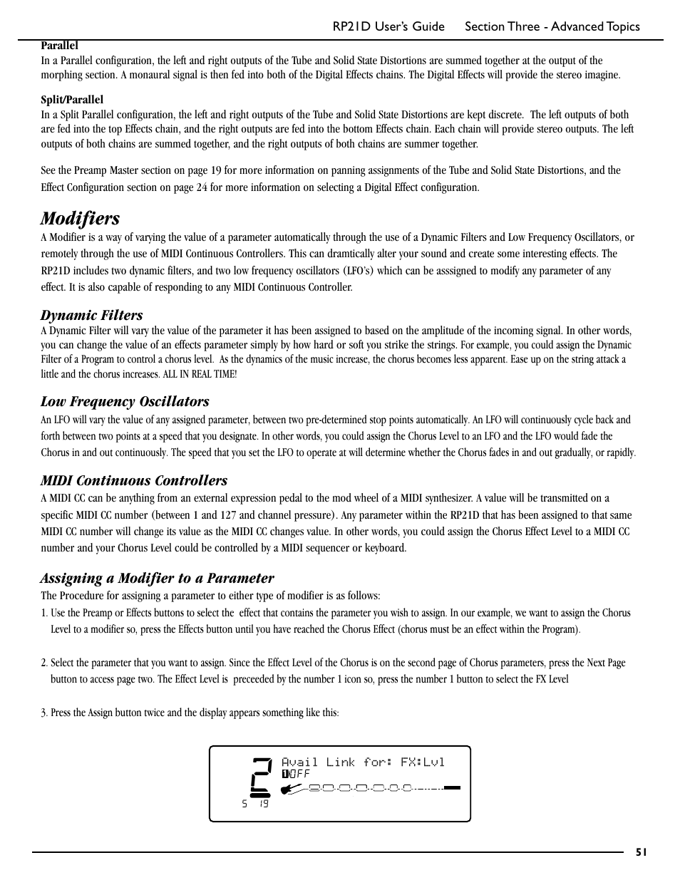 Modifiers, Dynamic filters, Low frequency oscillators | Midi continuous controllers, Assigning a modifier to a parameter | DigiTech RP21D User Manual | Page 56 / 69