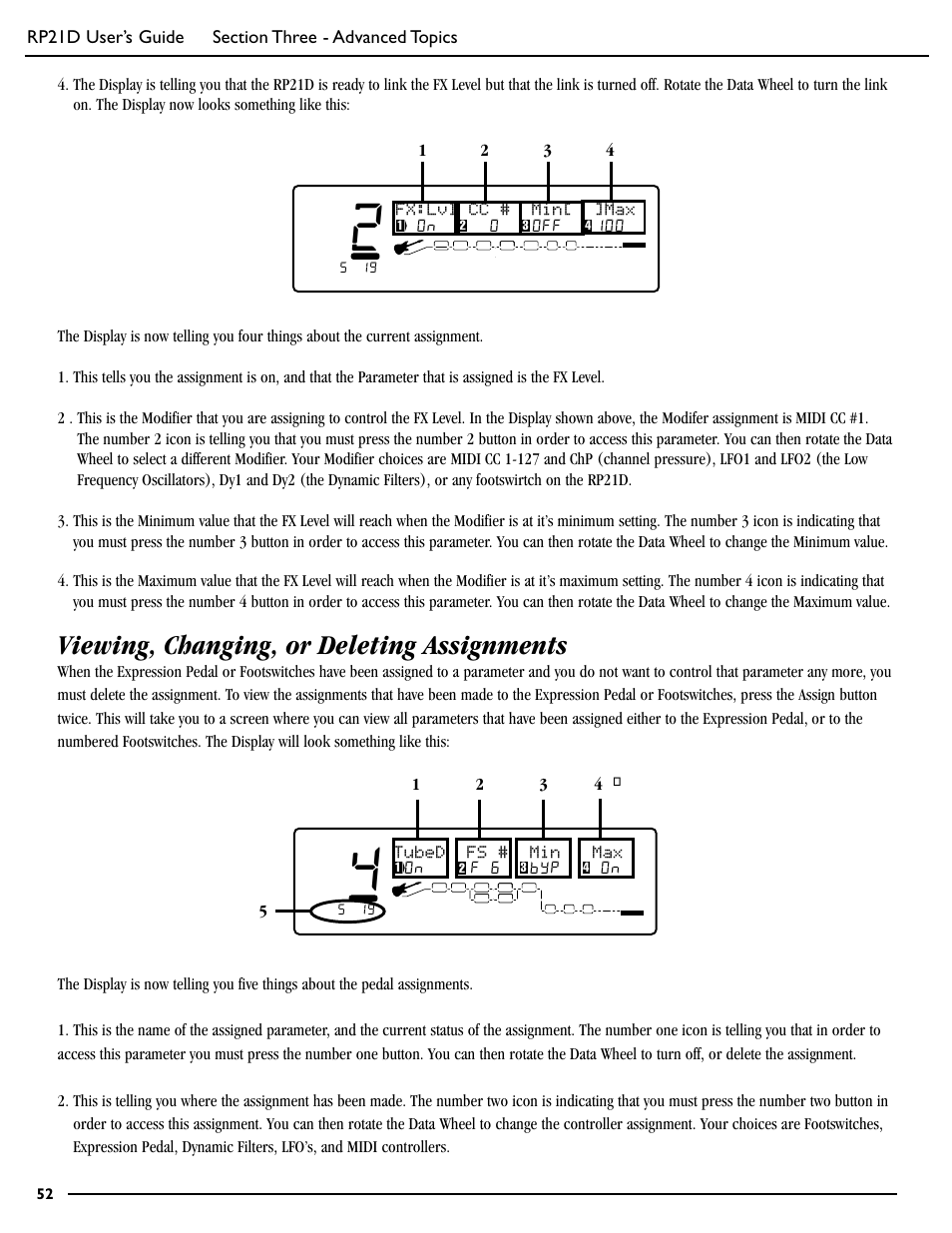 Viewing, changing, or deleting assignments, 35 4 fx:lvl cc # min[ ]max, Byp o | DigiTech RP21D User Manual | Page 57 / 69