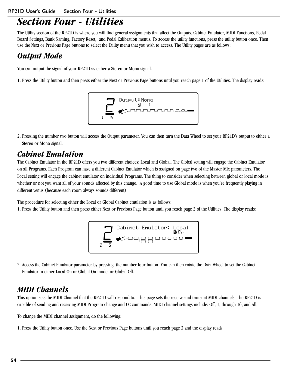 Output mode, Cabinet emulation, Midi channels | Output:mono | DigiTech RP21D User Manual | Page 59 / 69