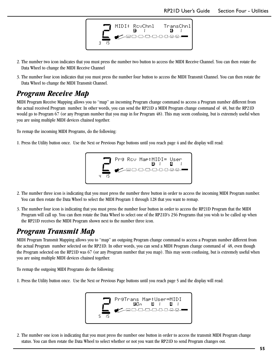 Program receive map, Program transmit map, Prg rcv map:midi= user | Midi: rcvchnl transchnl | DigiTech RP21D User Manual | Page 60 / 69