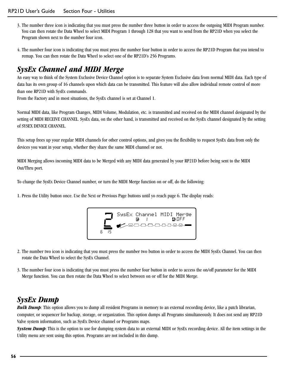 Sysex channel and midi merge, Sysex dump | DigiTech RP21D User Manual | Page 61 / 69
