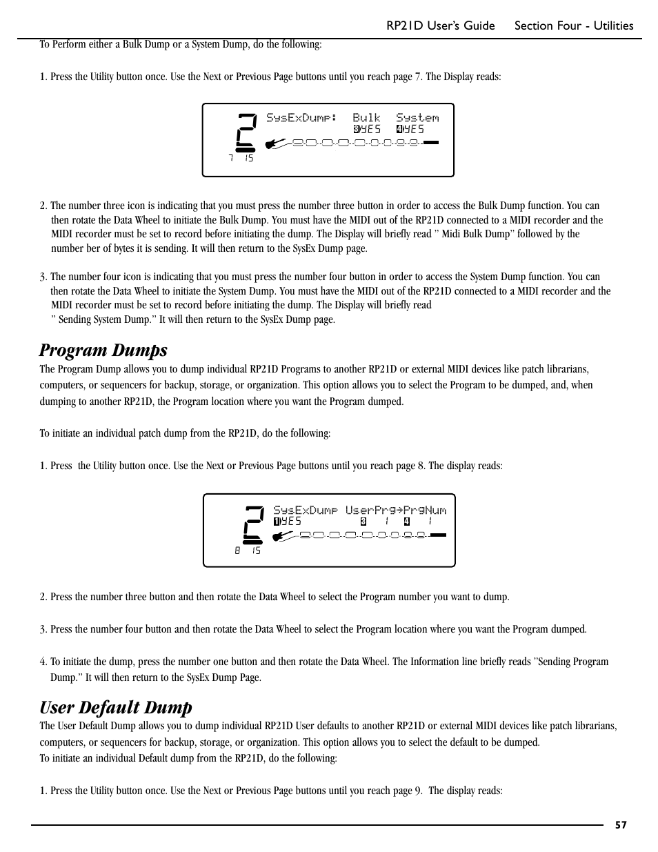 Program dumps, User default dump, Sysexdump: bulk system | DigiTech RP21D User Manual | Page 62 / 69